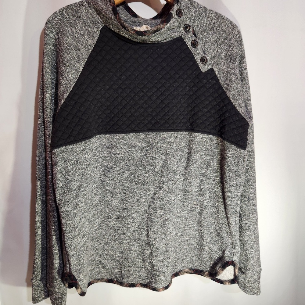 Hem & Thread Asymmetrical Button Quilted Mock Neck Sweater Large